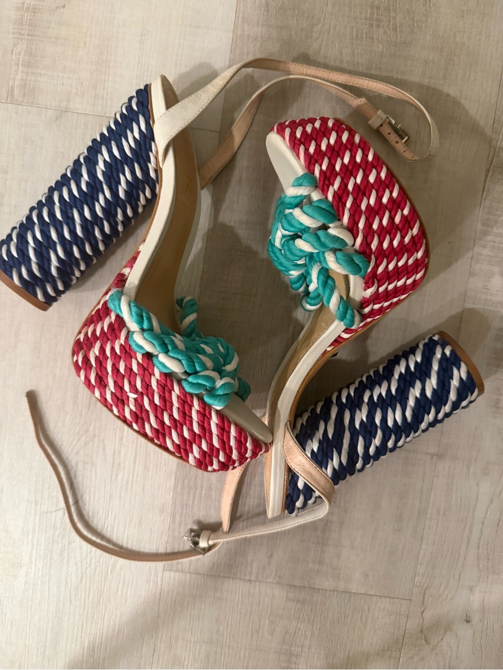 SCHUTZ Red, Navy, Teal and Cream Rope Platform Sandals